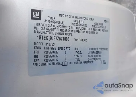 2007 GMC Sierra 1500 Slt из США, поврежденный, VIN 1GTEK19J97Z571008